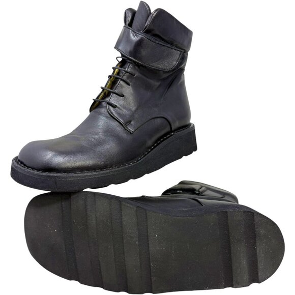 Alter Ego Black Calves Leather Wedge Combat Boots - Picture 10 of 11
